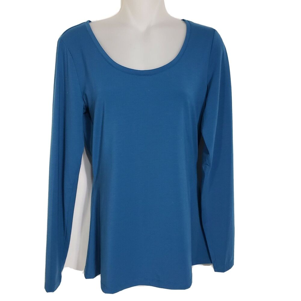 L.L. Bean Womens Tee Small Reg Knit Top Teal Long Sleeve Scoop Neck Stretch Poly